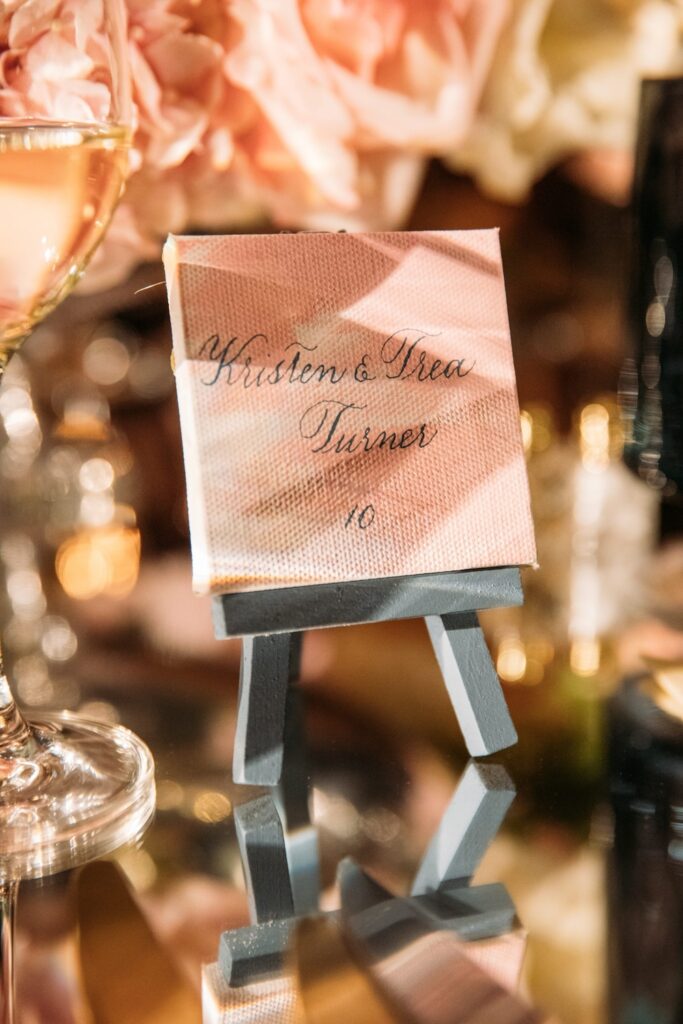 Trea Turner Washington DC Museum wedding, hand painted mini canvas on easel escort card, laura hooper design house