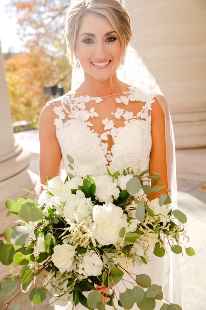 bride in lace wedding dress, Trea Turner Washington DC Museum wedding, laura hooper design house