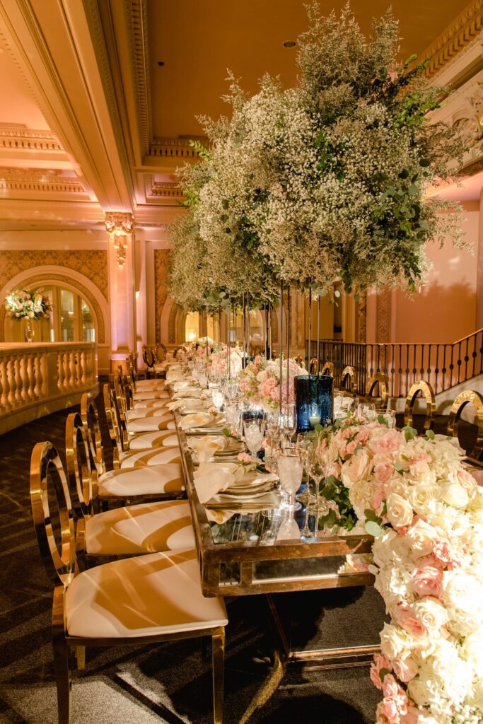 Trea Turner Washington DC Museum wedding, roses table runner centerpiece, tall babys breath arrangements, laura hooper design house