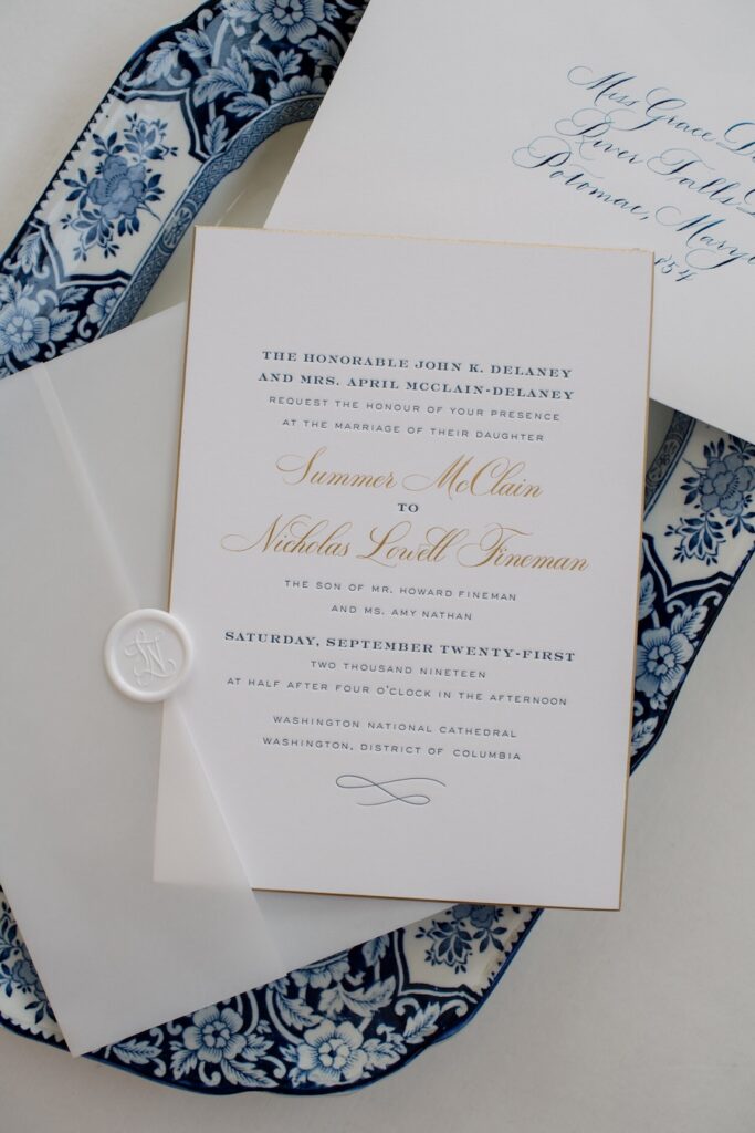 Elegant gold and navy wedding invitation. custom wax seal. gold foil calligraphy. navy calligraphy envelope addressing. hand calligraphy wedding stationery. Laura Hooper Design House. 