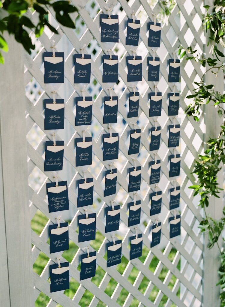 Tall lattice wedding escort card display, navy and white. hand calligraphy for washington dc wedding. Laura Hooper Design House. 