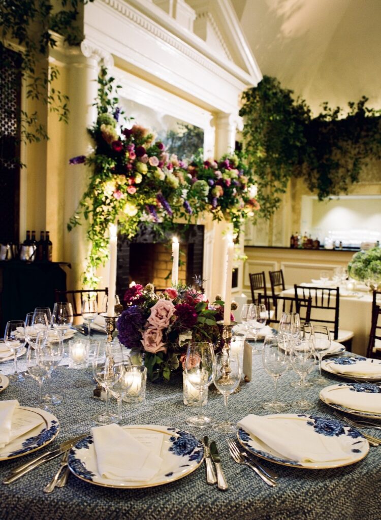 Elegant Washington DC wedding tablescape with moody floral centerpiece. hand calligraphy wedding stationery. Laura Hooper Design House. 