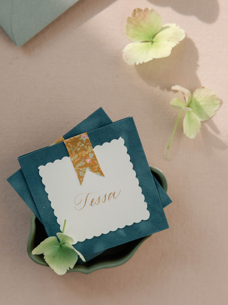 Romantic, cottage garden-style wedding with custom map, die cut shapes, 2ply paper with letterpress printing. Features hand-painted floral patterns throughout the pieces from invitation suite to day-of elements. 
