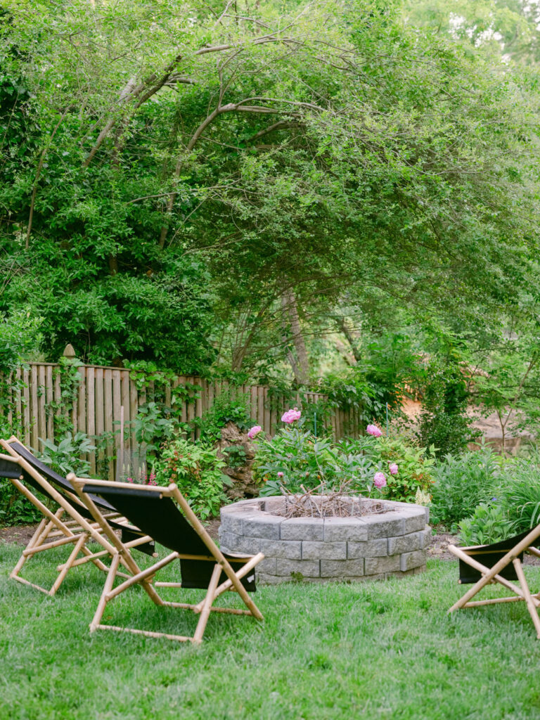 Fire pit and Peonies at Foxhill Garden