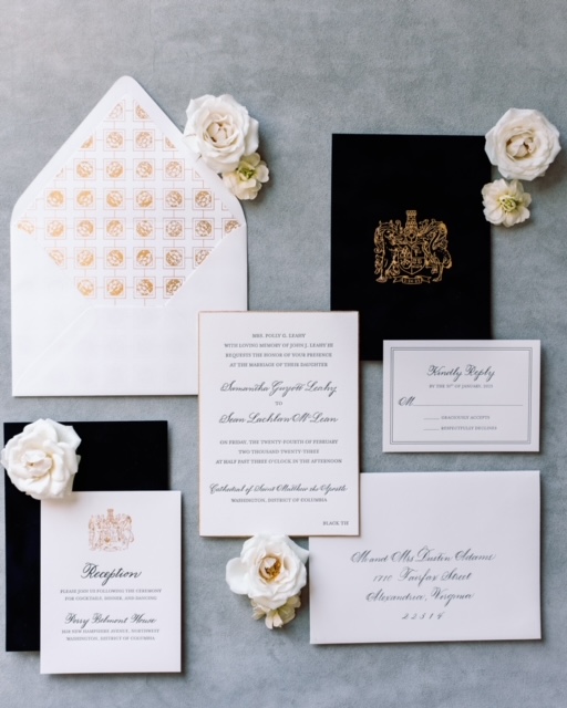Classic wedding invitation suite by Laura Hooper Design House featuring an antique gold beveled edge on 2-ply soft white paper with black letterpress citadel script. 