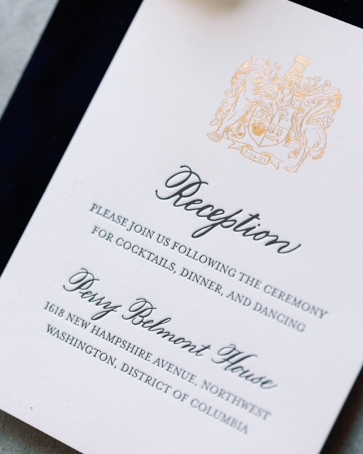 Reception card with custom wedding invitation suite by Laura Hooper Design House.  
