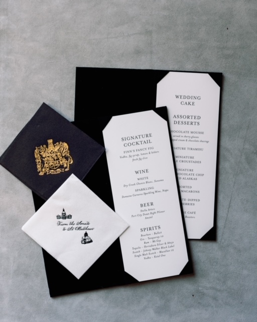 Signature cocktail menu designed to match a custom wedding invitation on 2-ply soft white paper with black letterpress citadel script.