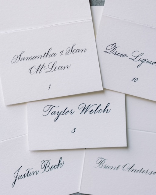 Handwritten calligraphy table cards for a classic and elegant wedding by Laura Hooper Design House.