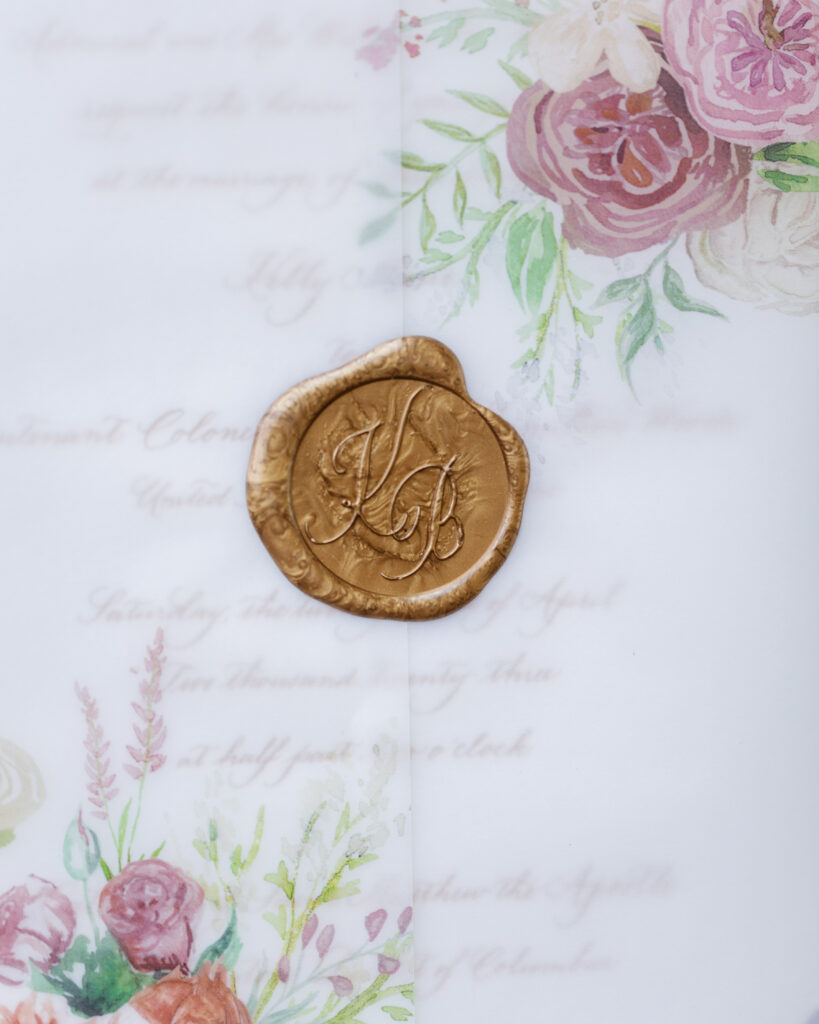 Wax stamp on a custom wedding invitation designed by Laura Hooper Design House