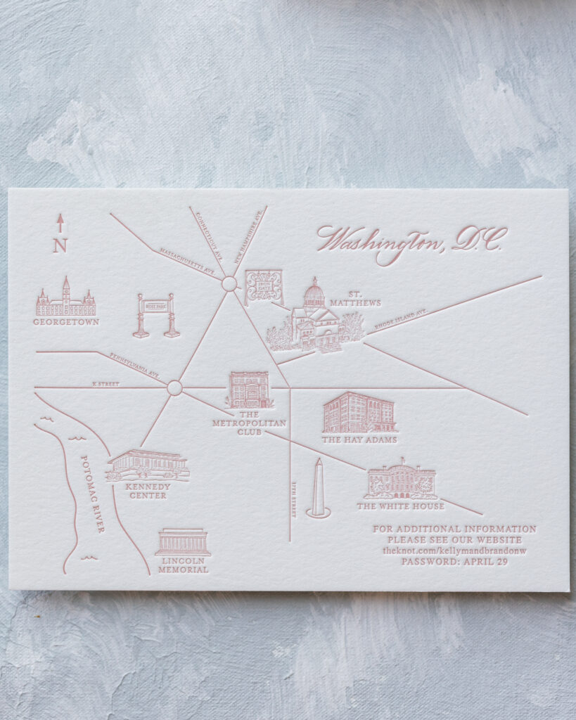Custom Washington DC map of wedding venue locations by Laura Hooper Design House made from 2-ply card stock