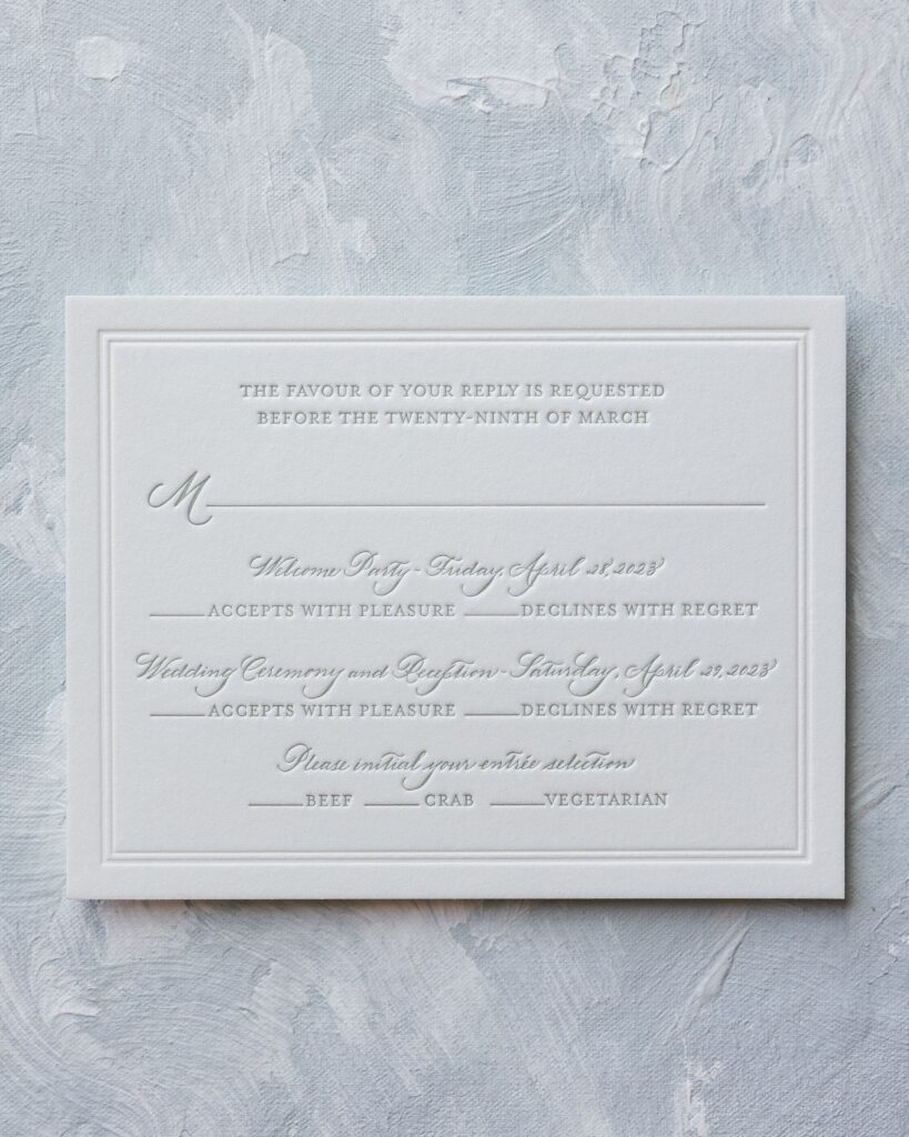 Laura Hooper Design House handwritten calligraphy wedding invitation RSVP card