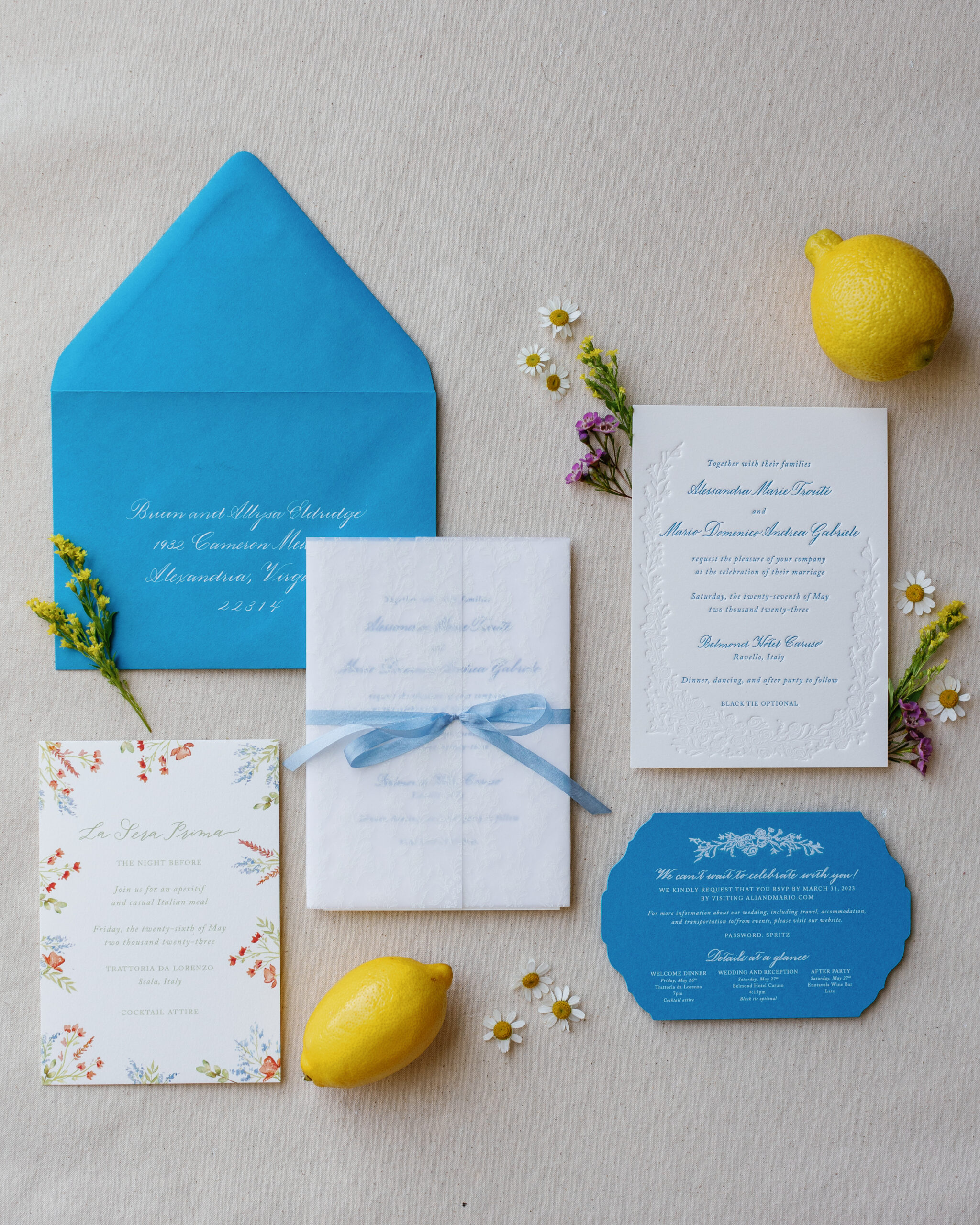 Cerulean blue and white custom wedding invitation for an Italian Destination Wedding.