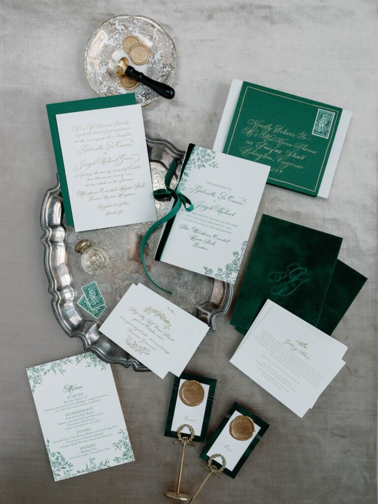 Custom wedding invitation suite with gold calligraphy and green velvet by Laura Hooper Design House