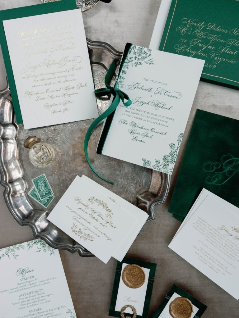 Custom wedding stationery set with gold calligraphy and green velvet by Laura Hooper Design House