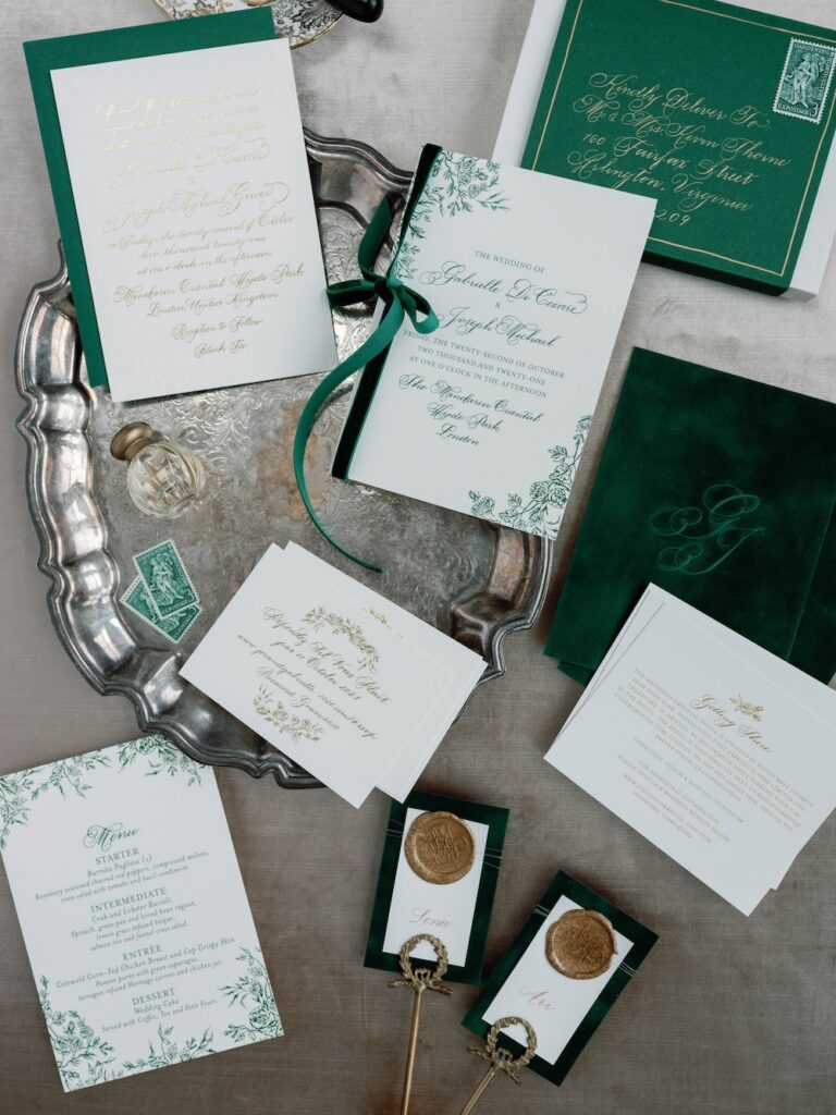 Custom wedding invitation and paper details with gold calligraphy and green velvet ribbon by Laura Hooper Design House