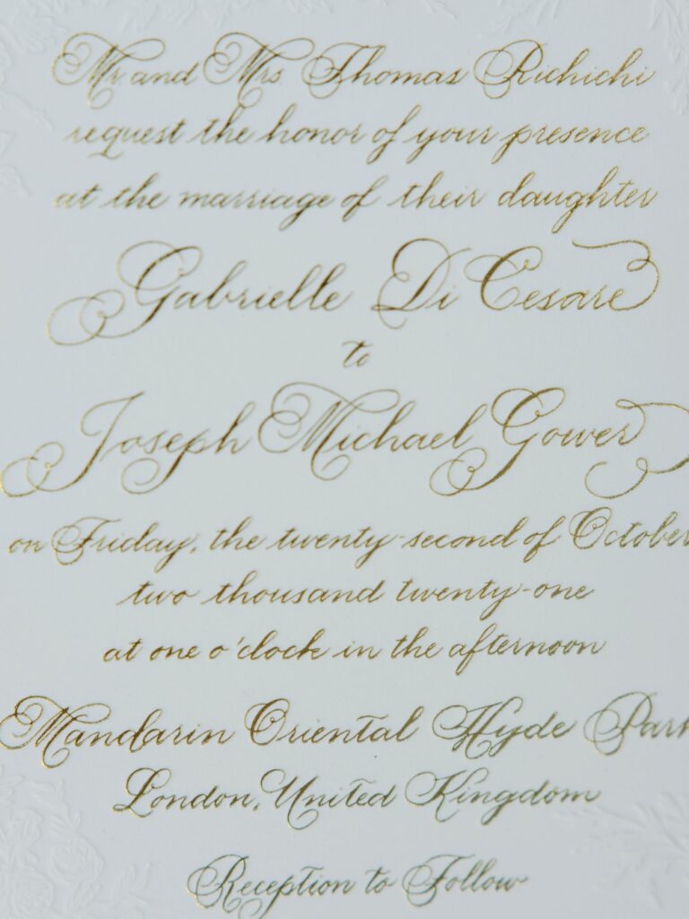 Custom wedding invitation with gold letterpress calligraphy velvet by Laura Hooper Design House