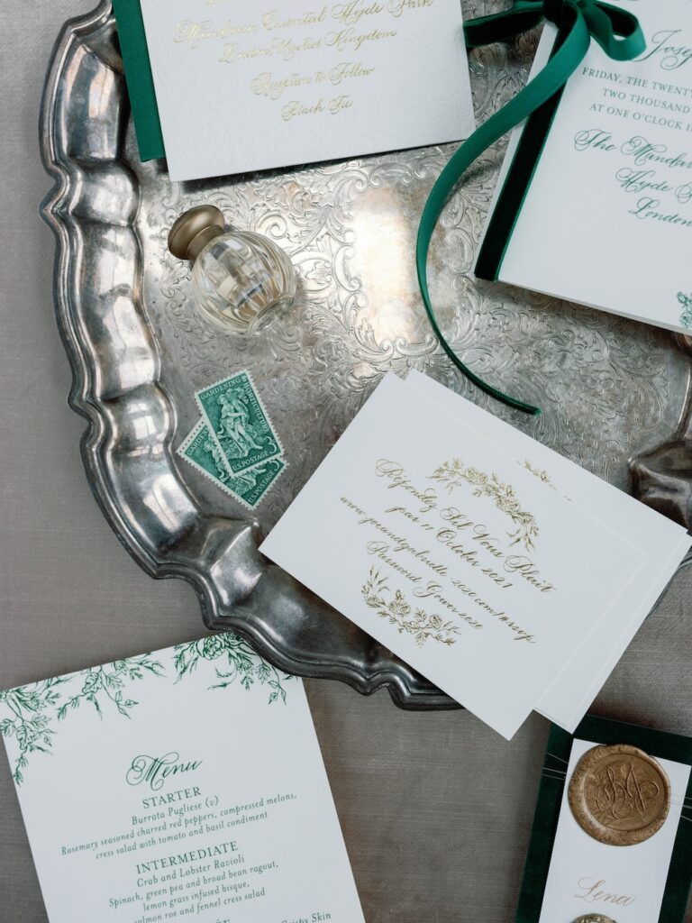 Custom wedding day paper goods with gold calligraphy and green velvet by Laura Hooper Design House