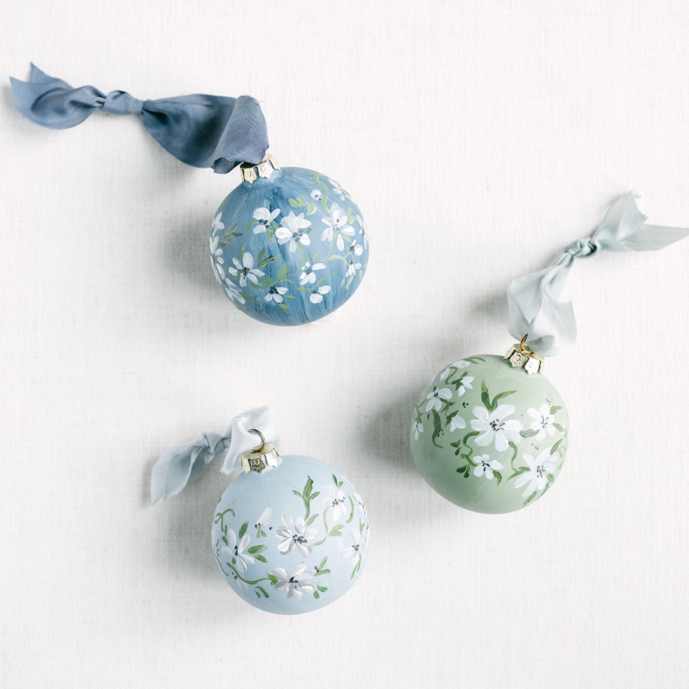 unique holiday gift idea, hand painted floral ceramic ornament personalized with calligraphy, curated by Laura Hooper Design House