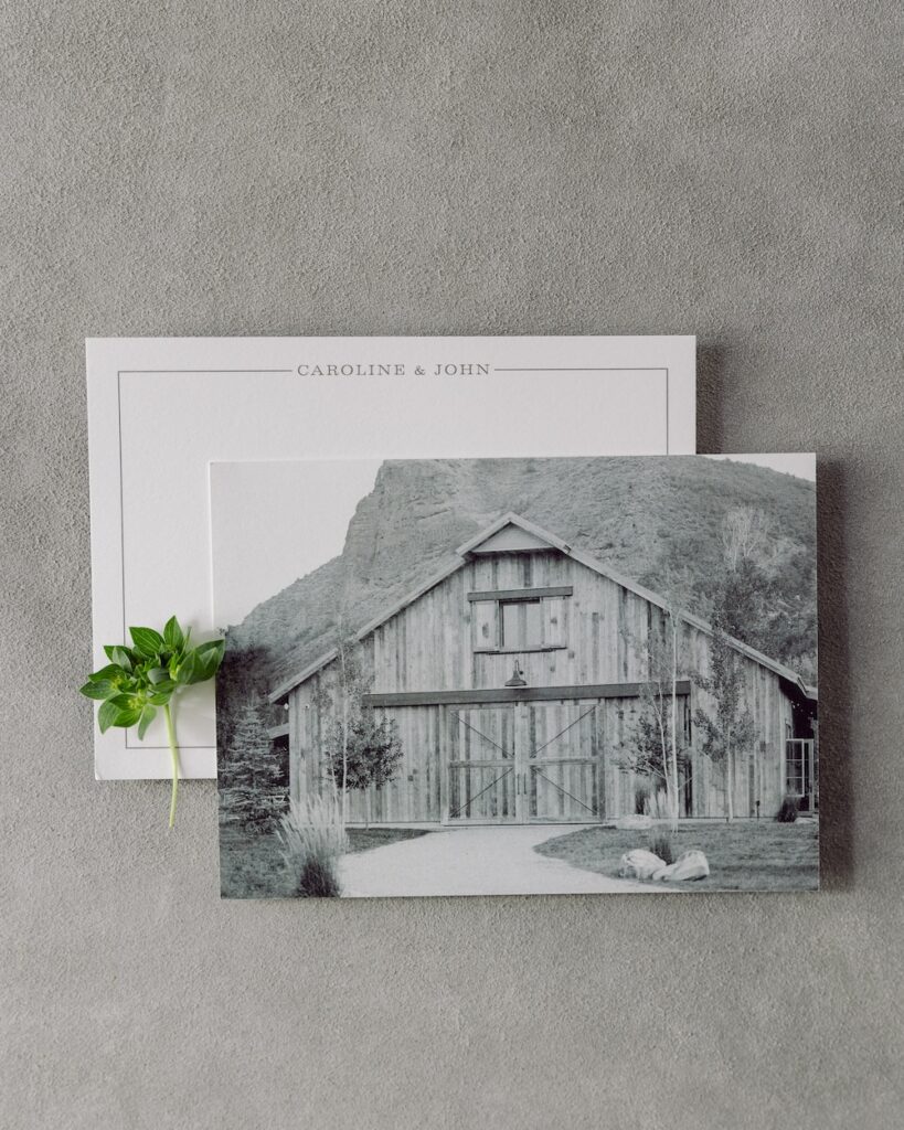 Custom wedding invitation suite with photo of barn, Laura Hooper Design House. 