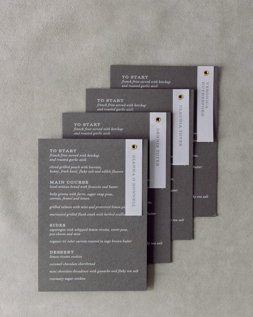 Grey cardstock wedding menu with white digital print, Laura Hooper Design House.