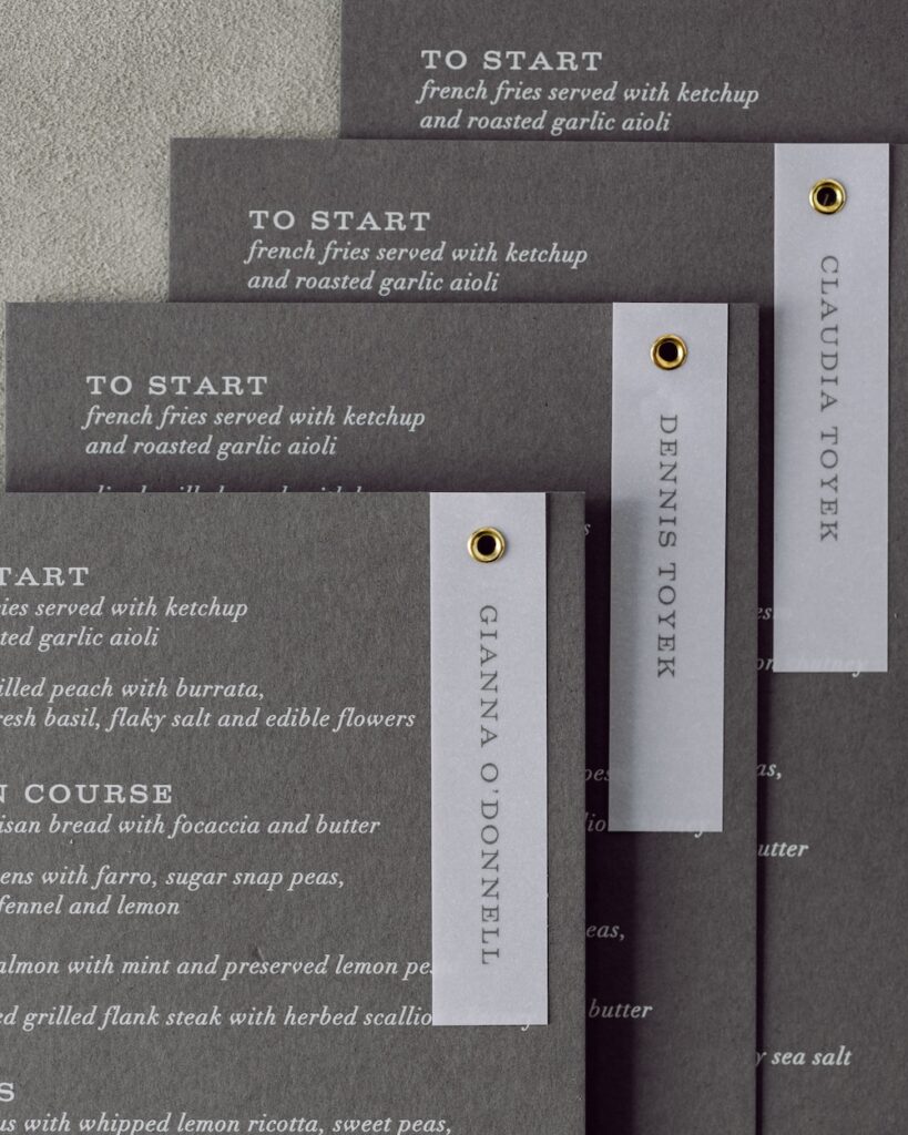Grey wedding menu with white digital print, custom menu place cards, Laura Hooper Design House. 