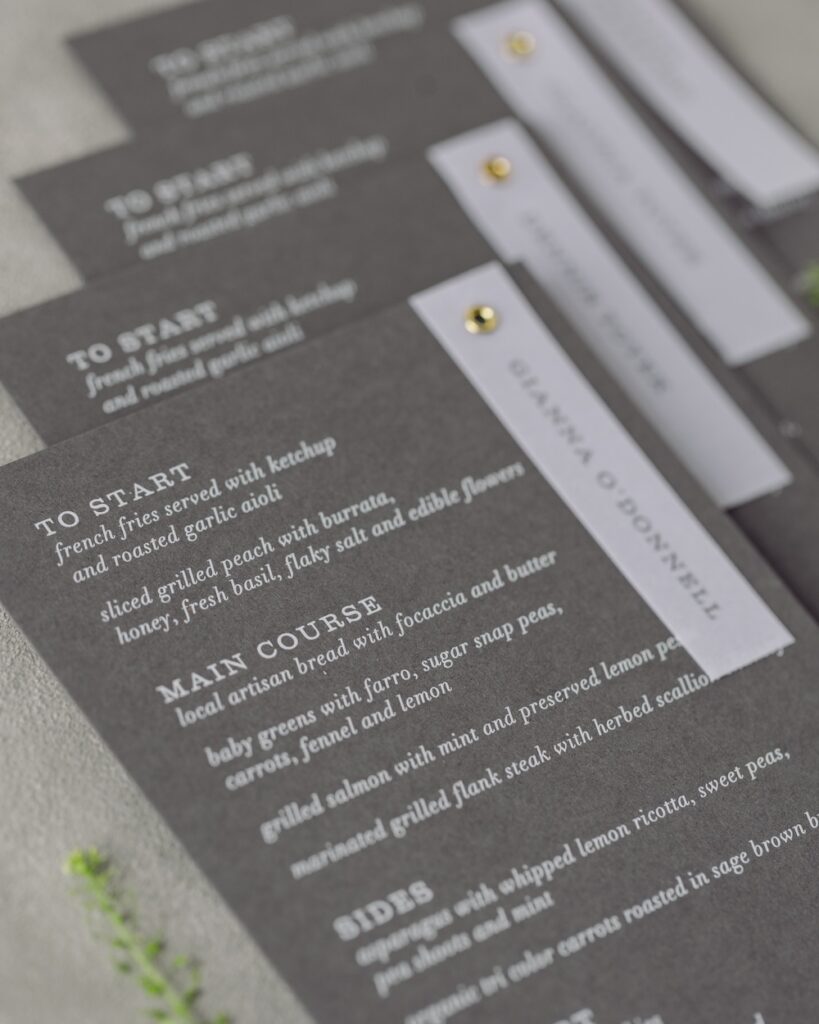 White and grey wedding menu, menu placecards, Laura Hooper Design House. 