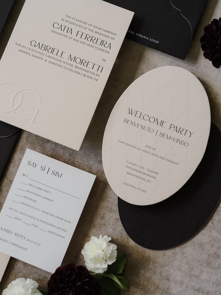 Custom wedding invitation suite, oval welcome party card. Laura Hooper Design House. 