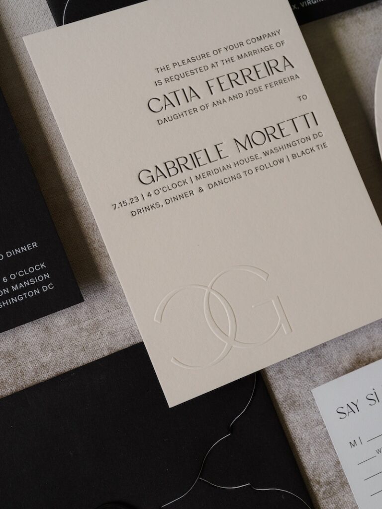 Simple, modern wedding invitation with blind emboss monogram. Laura Hooper Design House. 