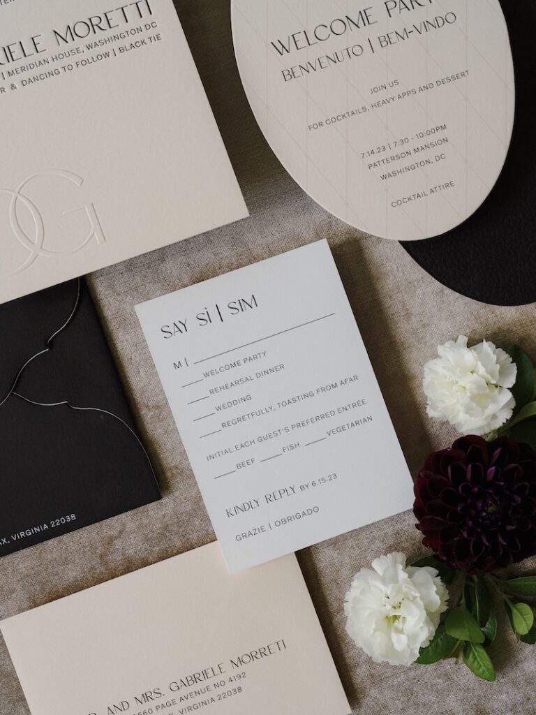 Custom wedding invitation suite in neutral color palette, rsvp card. Laura Hooper Design House. 