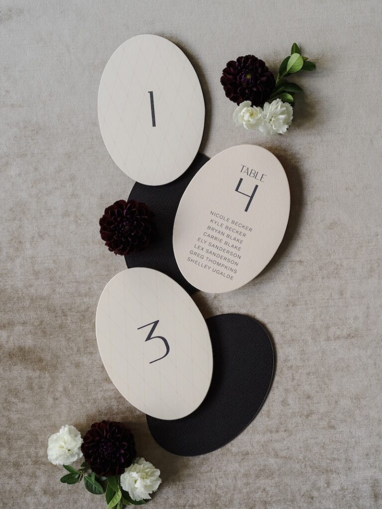 Custom wedding stationery, oval table numbers with modern typography. Laura Hooper Design House. 