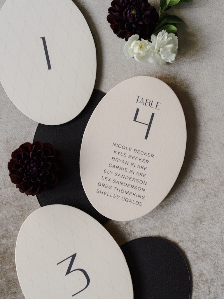 Modern typography oval table numbers, Custom wedding stationery & paper details. Laura Hooper Design House.