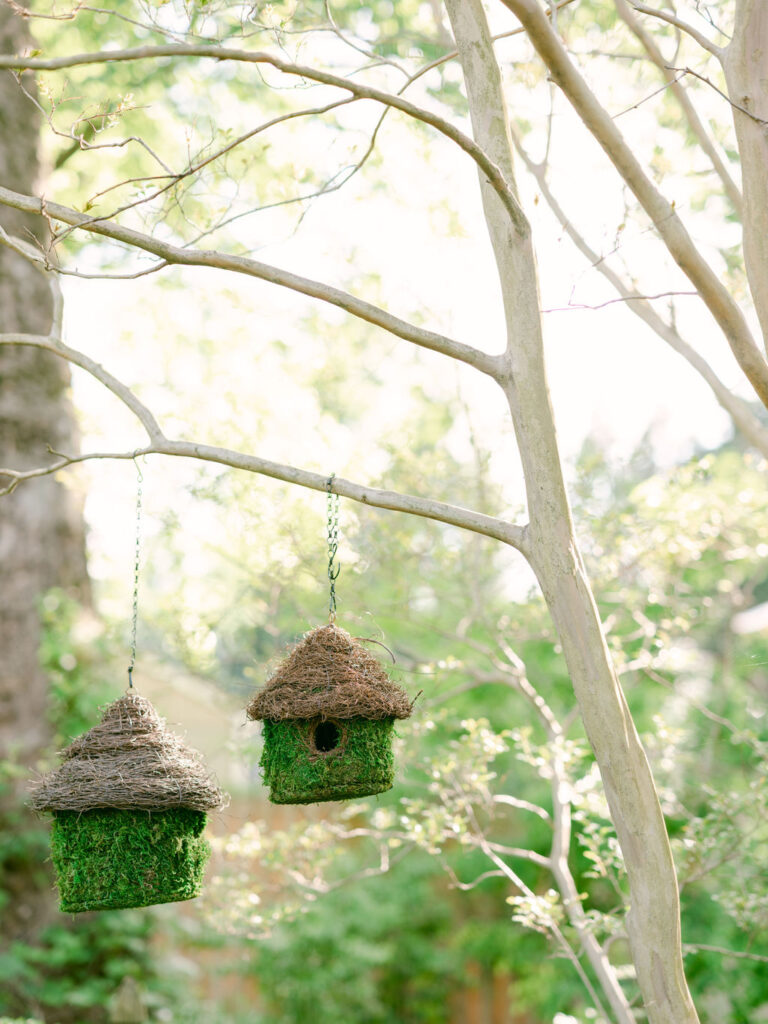 Moss birdhouses in backyard garden, Foxhill Garden, Laura Hooper Design House. 