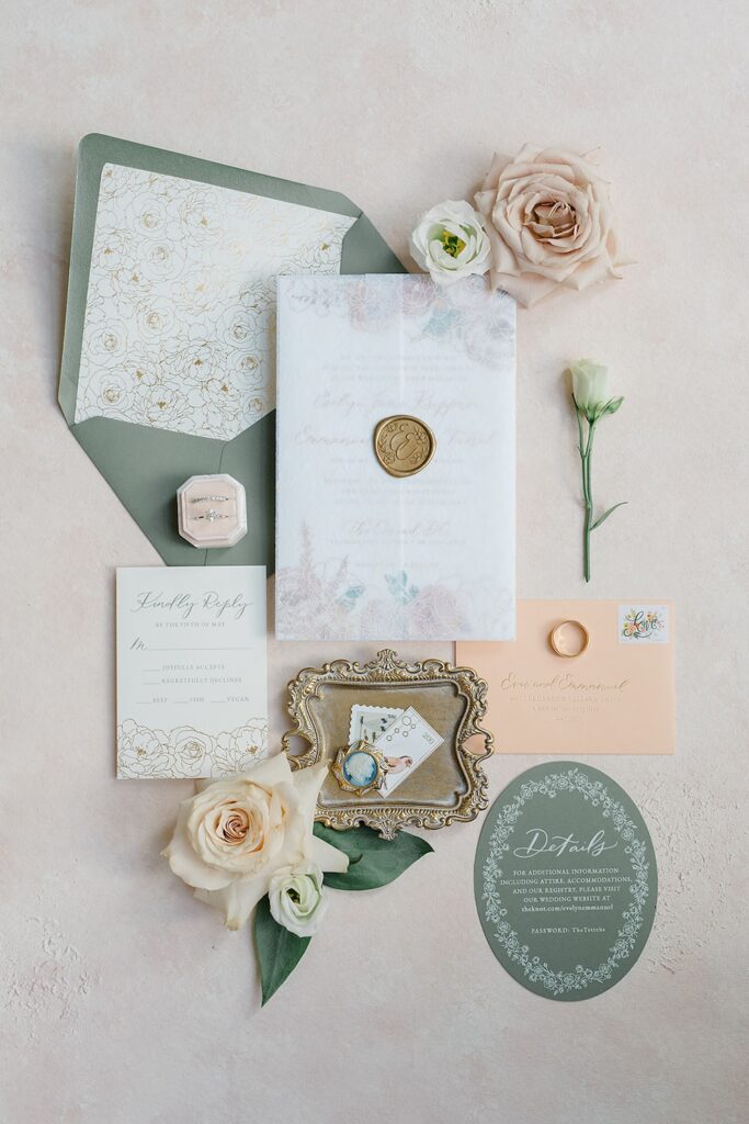 Pastel garden inspired custom wedding invitation suite with gold accents and wax monogram seal, laura hooper design house