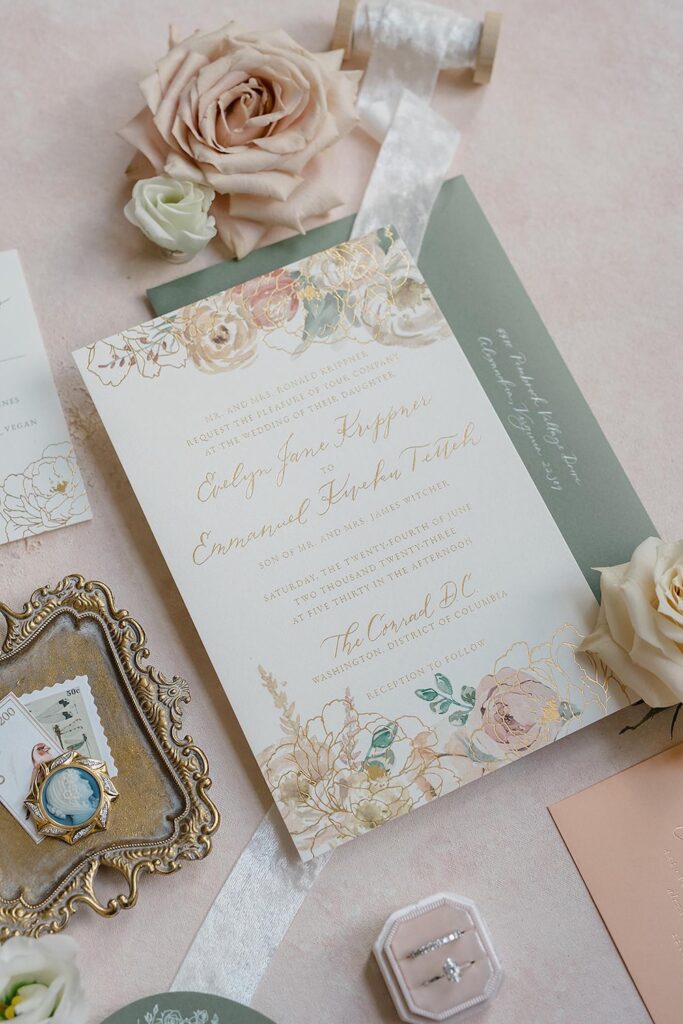 Gold accented wedding invitation suite with watercolor florals, laura hooper design house