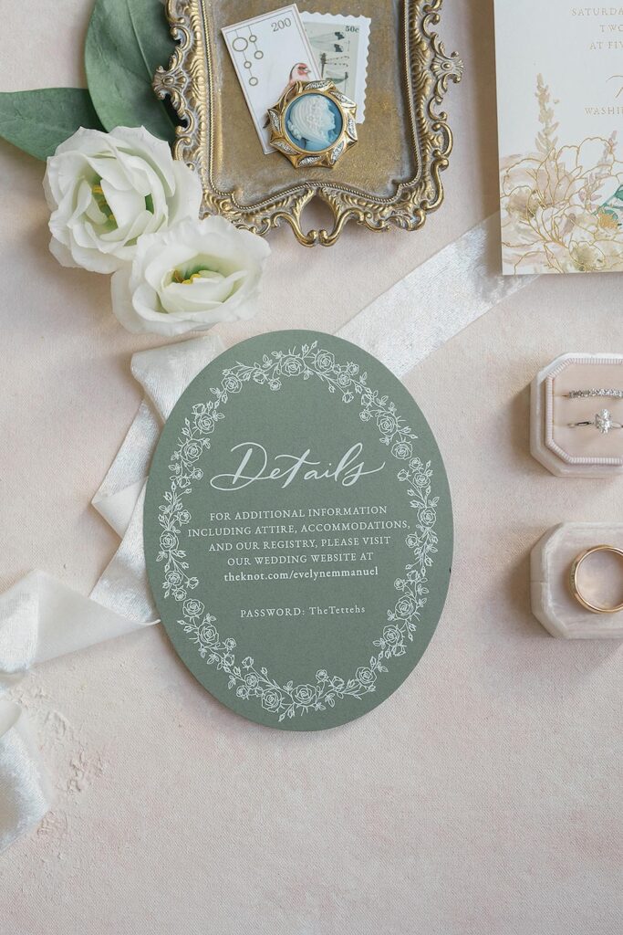 Oval details card with floral border for summer wedding in DC, laura hooper design house.