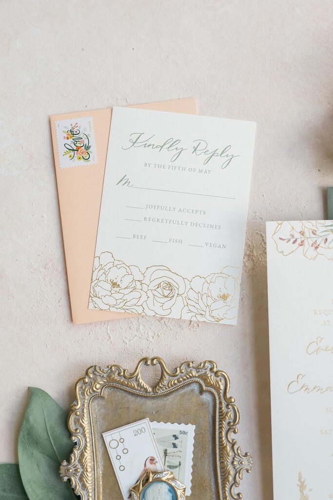 Simple wedding RSVP card with calligraphy and gold floral accents, laura hooper design house