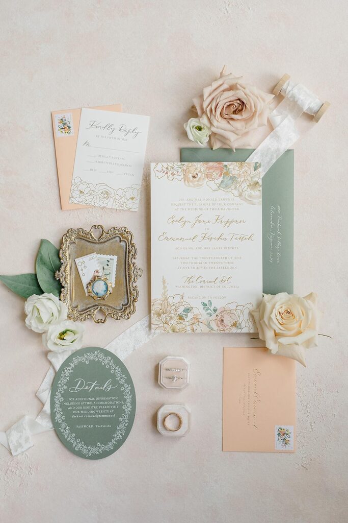 Floral accented custom wedding invitation suite, peach and pale green, gold detailing, laura hooper design house.