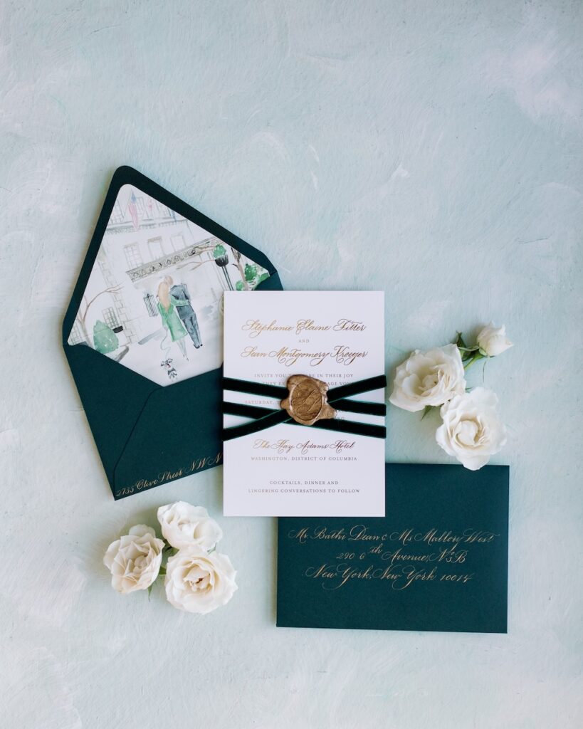 Classic wedding invitation with green envelope, custom painted envelope liner. Custom wax seal. Laura Hooper Design House. 