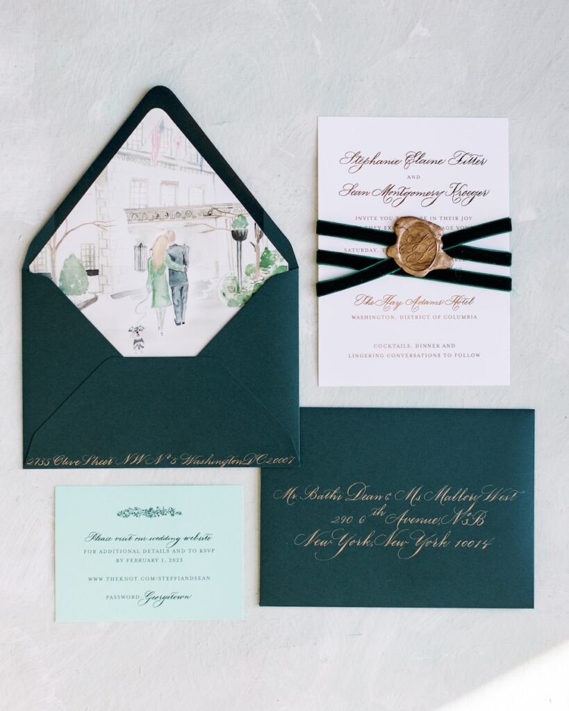 Custom wedding invitation suite with gold foil, green details card, green envelopes. Laura Hooper Design House. 
