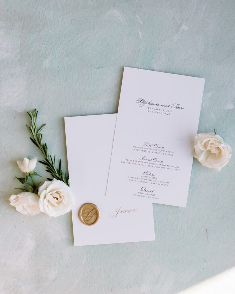 Simple, classic wedding placecard and personalized menu with custom monogram wax seal. Laura Hooper Design House. 