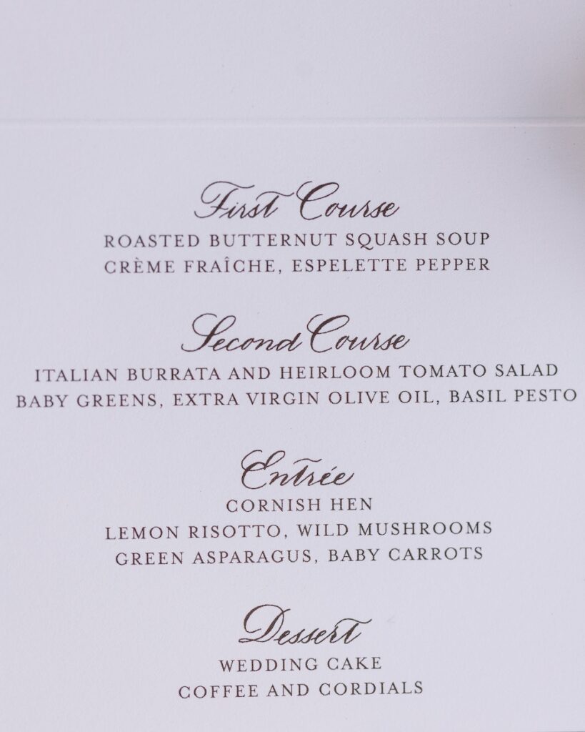 Elegant wedding menu place card with calligraphy text. Laura Hooper Design House. 