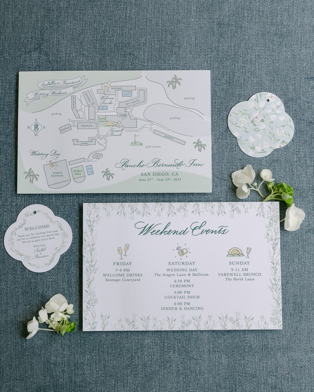 Custom designed wedding weekend map and timeline itinerary card. Laura Hooper Design House