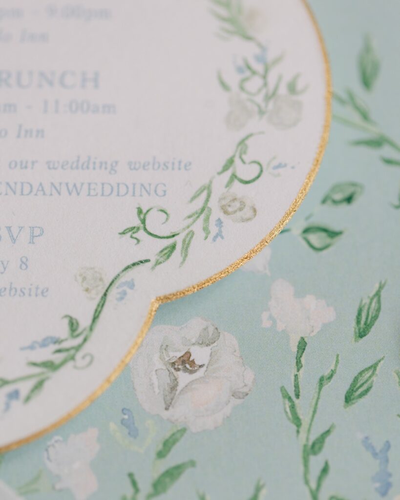 Floral and gold foil border on wedding details card. Custom wedding stationery design. Laura Hooper Design House.