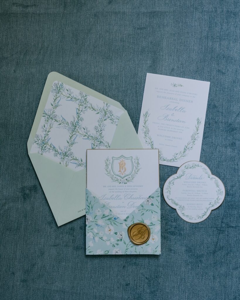 Custom floral watercolor patterned wedding invitation suite. pastel color palette. Laura Hooper Design House.