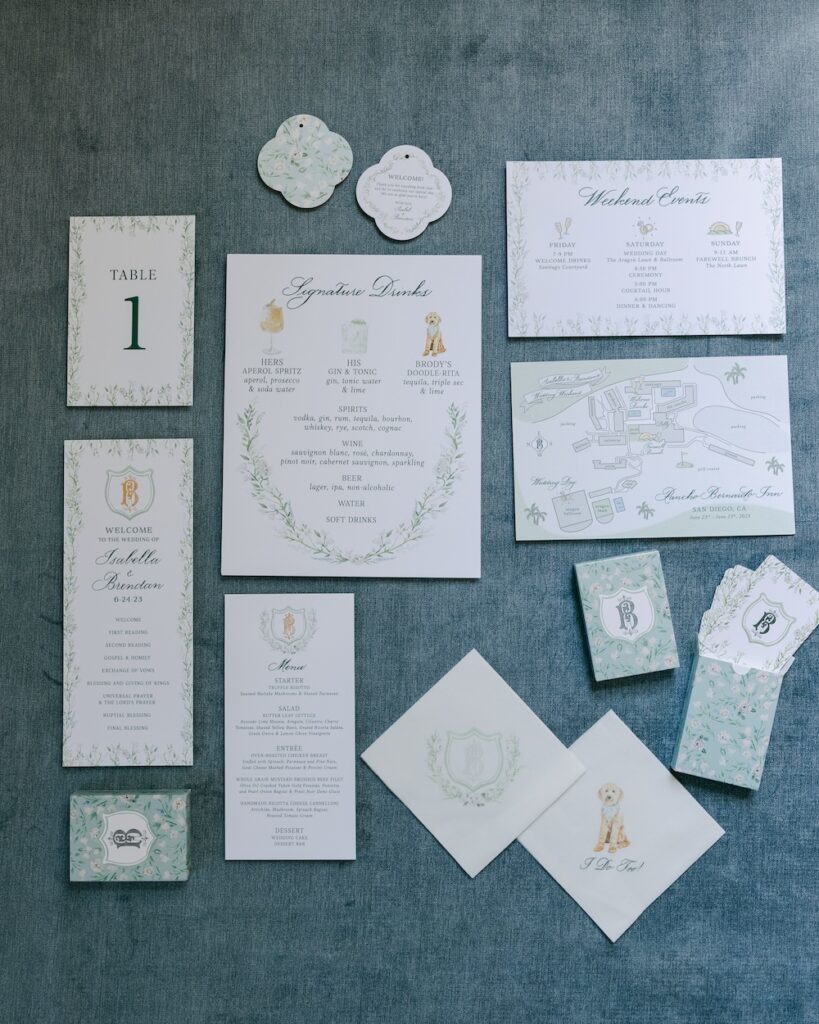 elegant custom floral watercolor wedding day stationery and day of details. laura hooper design house