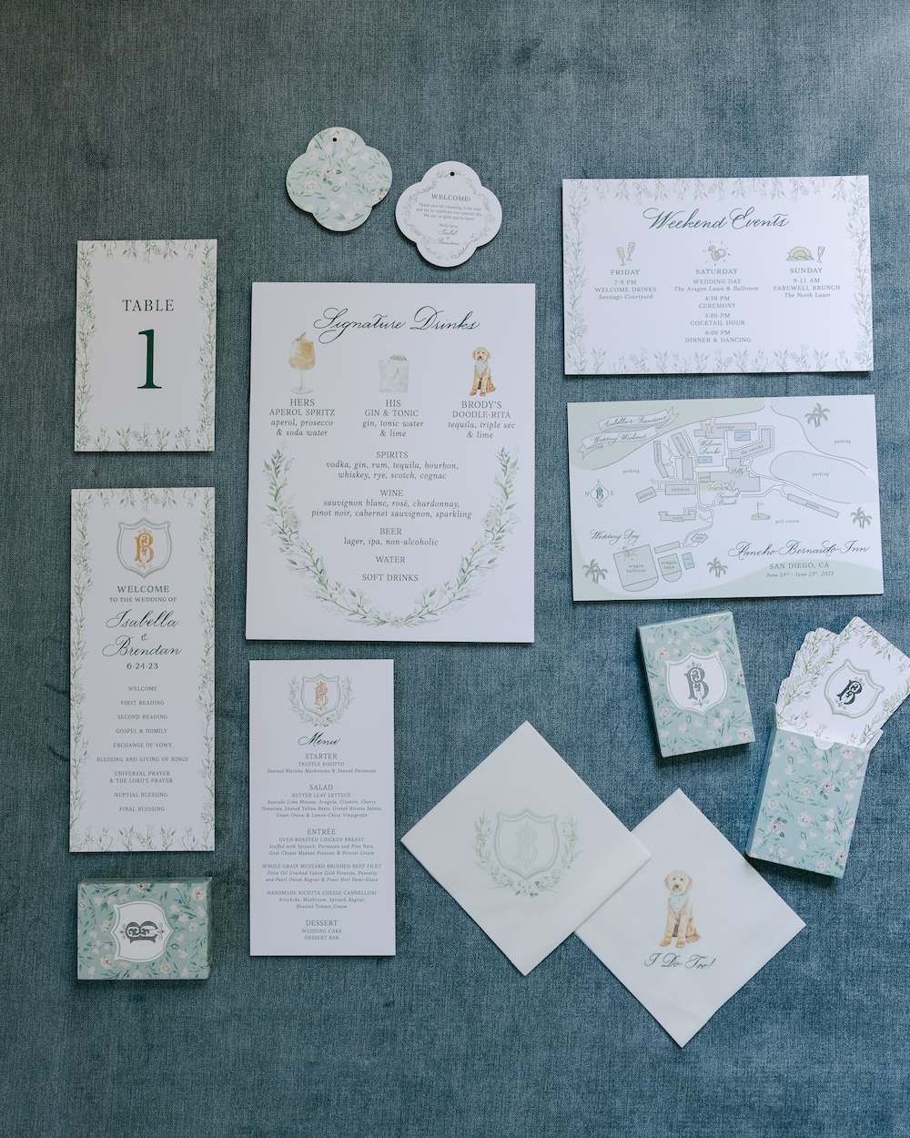 Elegant day of the wedding details with gold foil, watercolor flower borders. Custom wedding stationery design. Laura Hooper Design House.