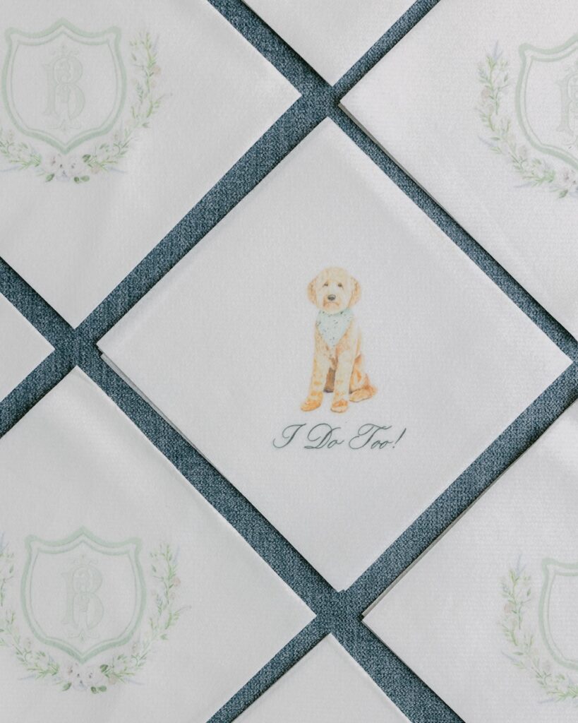 Custom monogram cocktail napkins, custom dog portrait cocktail napkins. Wedding stationery design. Laura Hooper Design House.