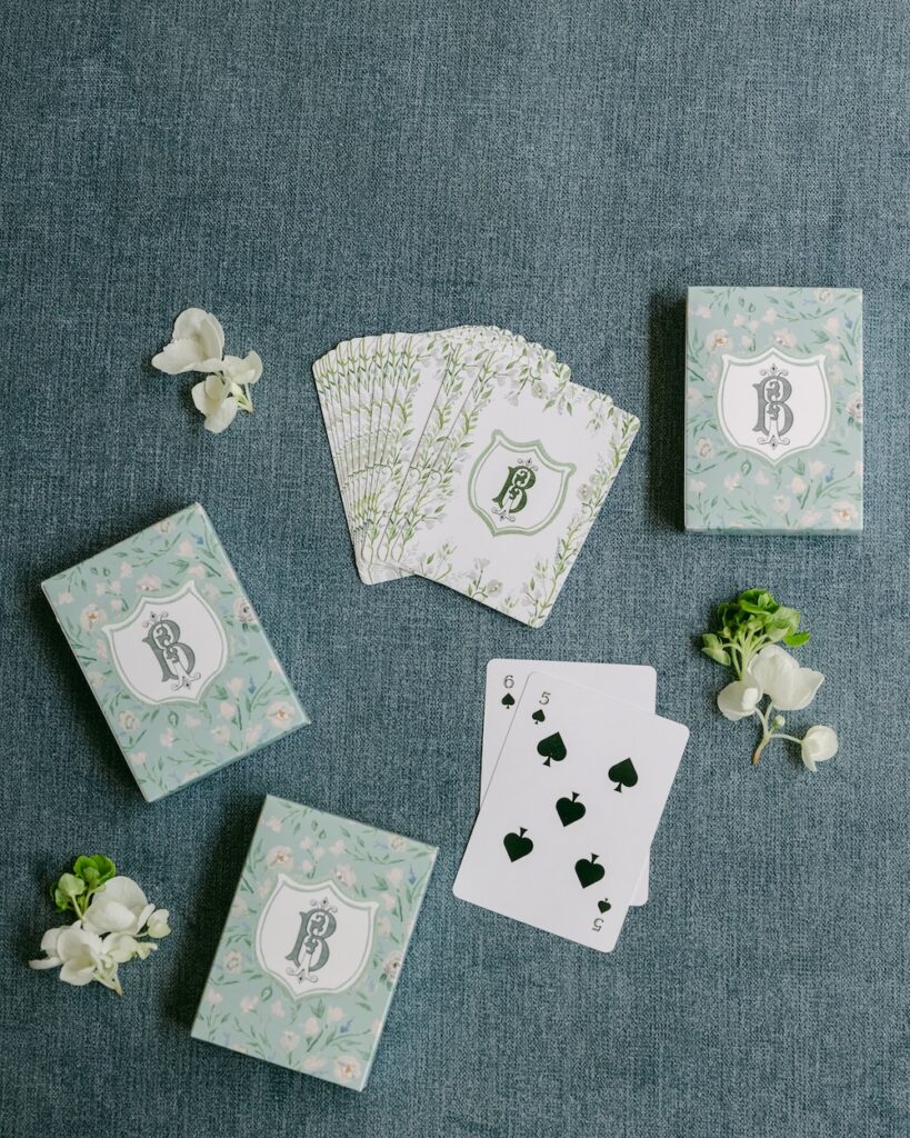 Custom monogram and floral patterned playing cards for wedding favors, wedding welcome gift. Laura Hooper Design House.