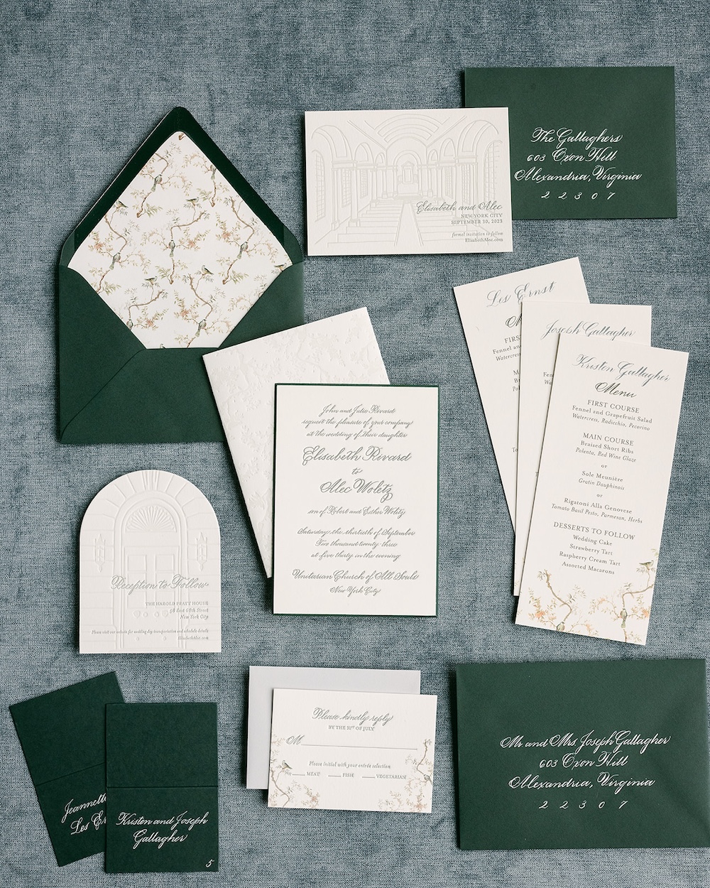 elegant modern custom wedding invitation suite with letterpress details, racing green envelopes, bird motif envelope liner. Laura Hooper Design House. 