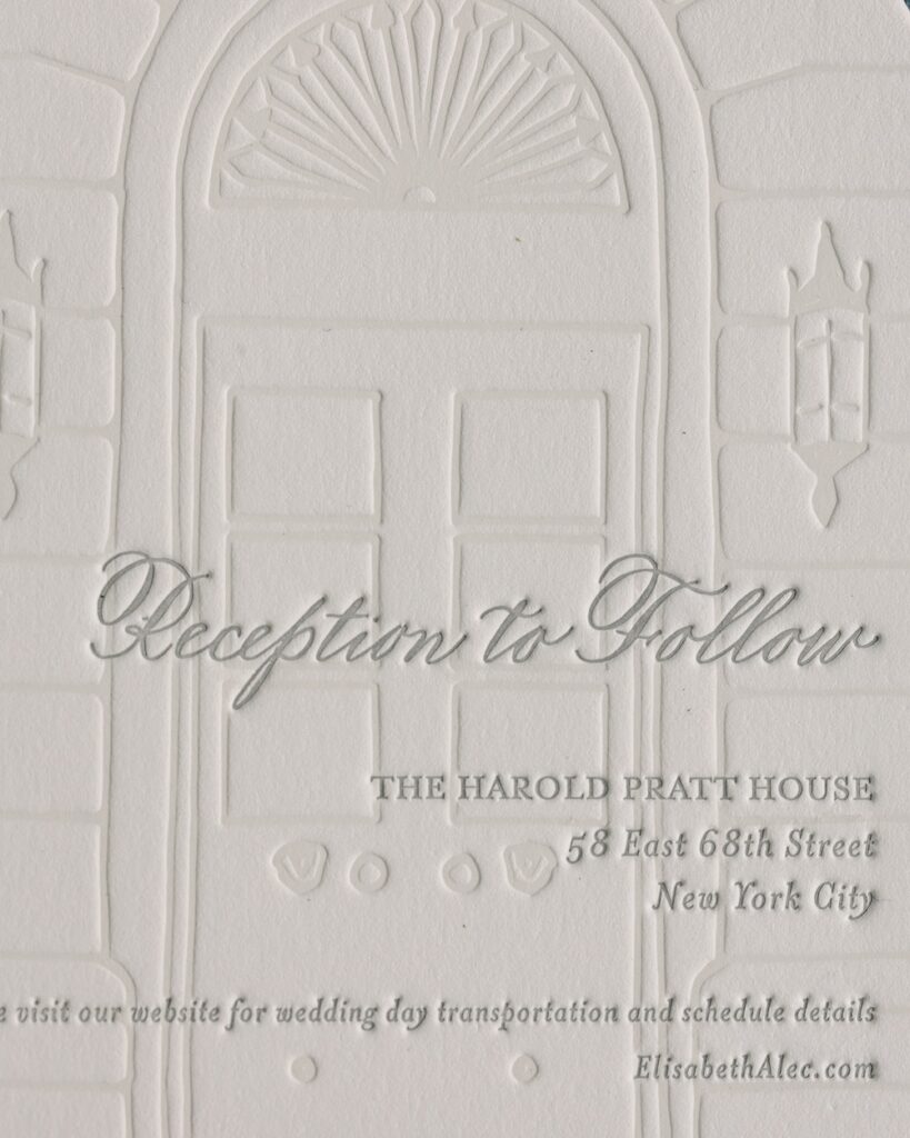 Letterpress die cut wedding reception details card with grey font. Laura Hooper Design House. 